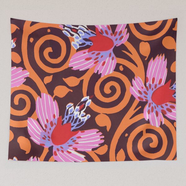 Item preview, Vintage 60s 70s Flower Pattern Red Pink Purple Orange Brown designed and sold by SunfullyYours.