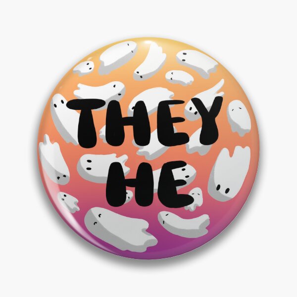 Item preview, they/he pronouns badge designed and sold by yoiterini.