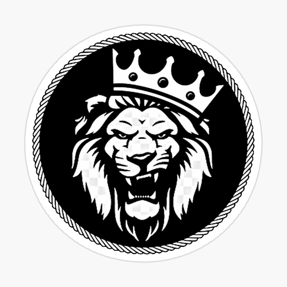 A roaring lion with a crown on a black background with borders