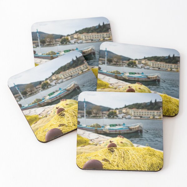 Item preview, Yellow Fishing Nets Kassiopi Harbour Corfu Island Greece designed and sold by nickbrayimages.