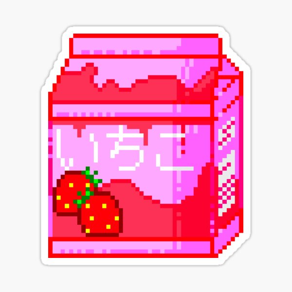 Strawberry Milk Drinking Carton Kawaii Pixel Art Sticker