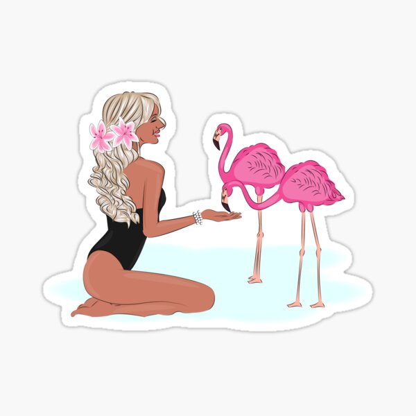 Beautiful young girl in a swimsuit feeding a pink flamingo, fashion summer illustration Sticker