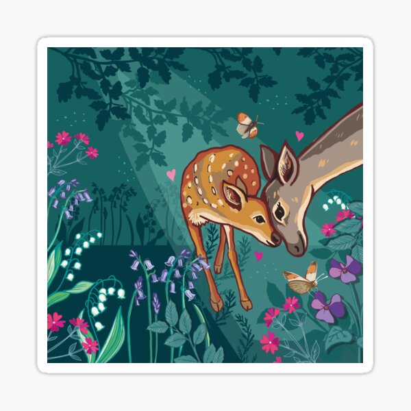 Doe and Fawn in the Woods Sticker