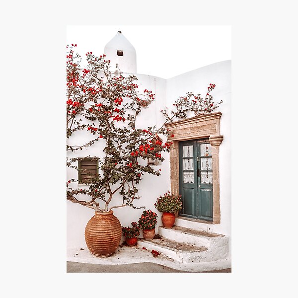 Aperçu de l'œuvre Porte d'entrée verte dans les îles grecques, fleurs de bougainvilliers orange créée et vendue par PrintsProject.