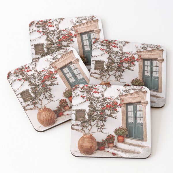 Item preview, Green Front Door in Greek Islands, Orange Bougainvillea Flowers designed and sold by PrintsProject.