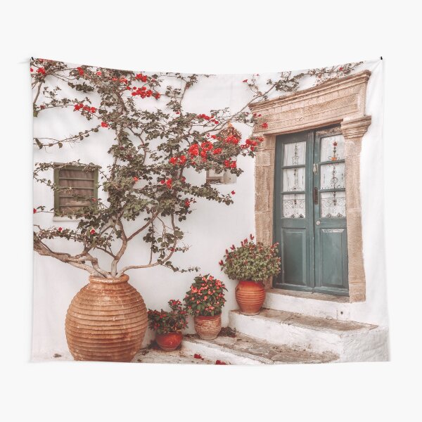 Green Front Door in Greek Islands, Orange Bougainvillea Flowers Tapestry