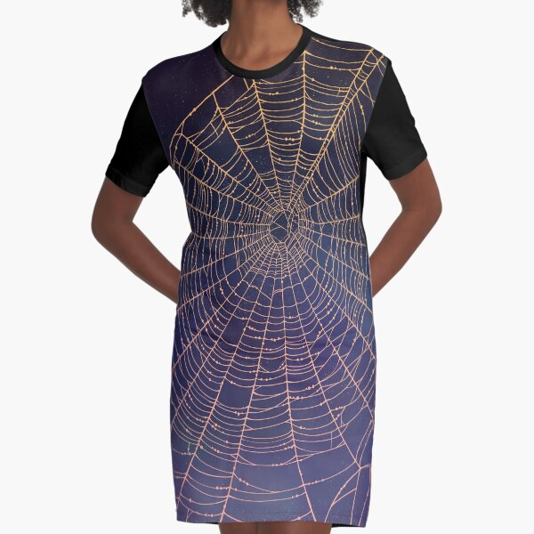 Spider Web With Dew Drops, Night Sky Graphic T-Shirt Dress