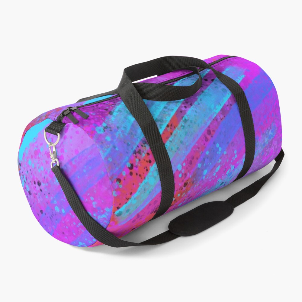 Red Pink and Blue Splatter Spray Paint on Black Duffle Bag