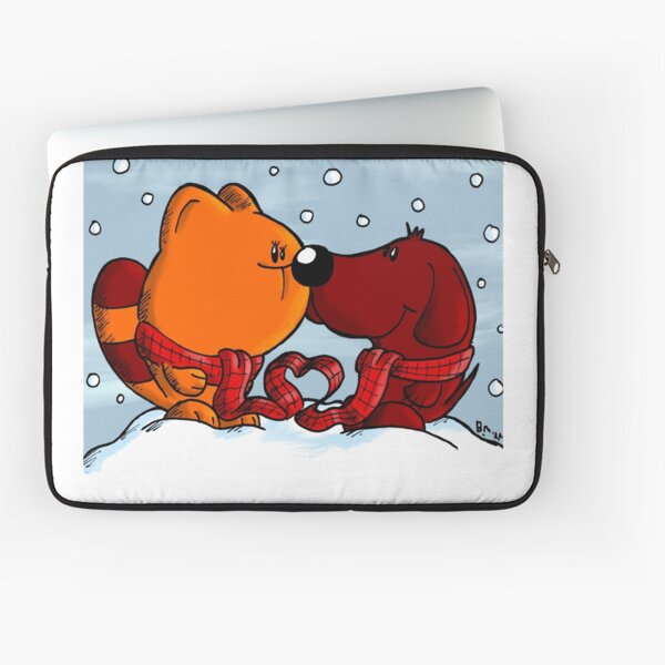 Cat and dog in love in winter Laptoptasche