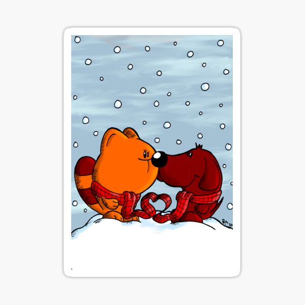 Cat and dog in love in winter Sticker