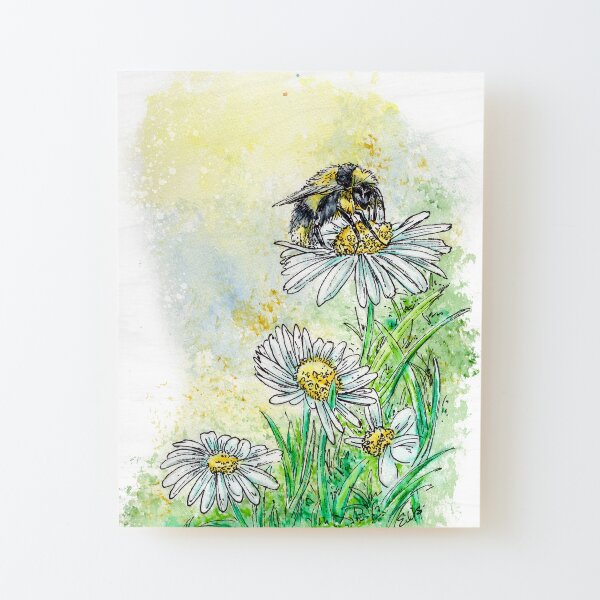 Bee Daisy Watercolor Wood Mounted Print