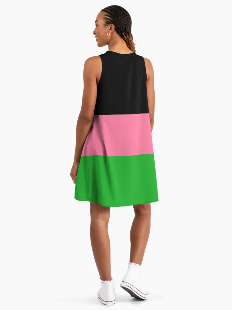 Gorgeous Color Block Black Pink Green Spring A-Line Dress