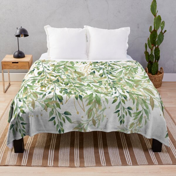 Gold And Green Decorative Plant Leaves Throw Blanket