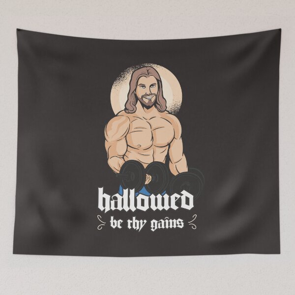 Item preview, Hallowed Be Thy Gains Weightlifting Cartoon Pun designed and sold by MrEddie10.