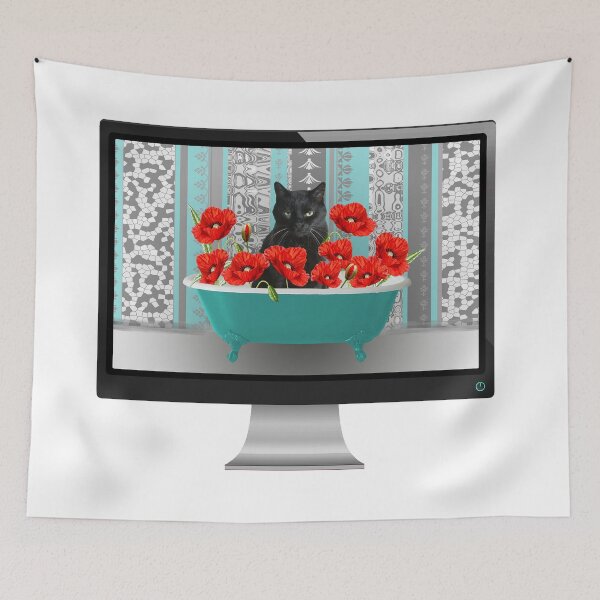 Aperçu de l'œuvre Ecran d'Ordinateur Baignoire Rouge Coquelicots Chat Noir créée et vendue par Move-Art.