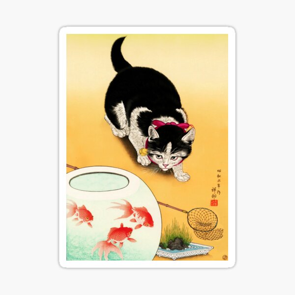 Item preview, Cat and Goldfish by Ohara Koson designed and sold by PatricianneK.