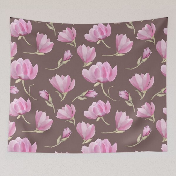 Item preview, Pink Magnolia flowers on a twig on brown seamless floral pattern designed and sold by shaminia.