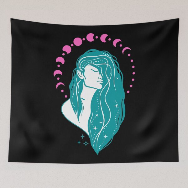 Item preview, Blue haired magical woman under the pink moon cycle black version designed and sold by Cora Gregory.