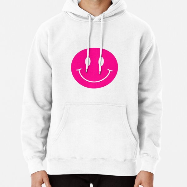 white hoodie with pink smiley face