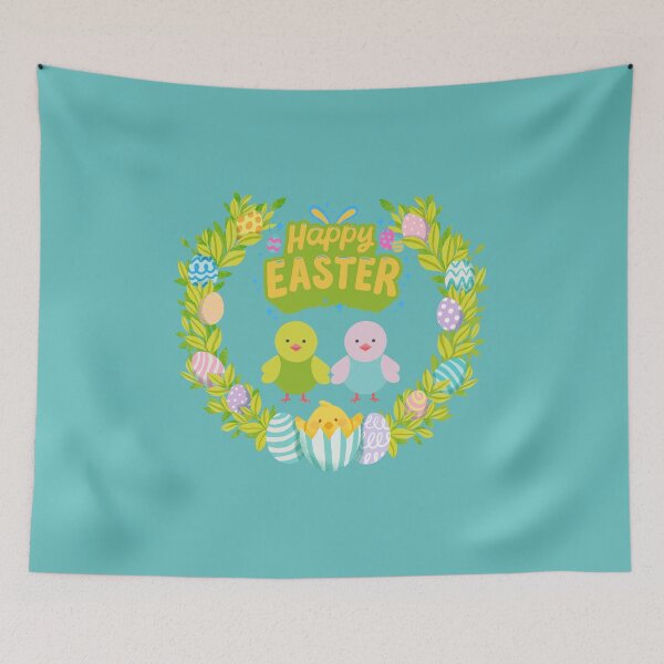 Item preview, Happy Easter Wreath in Green Blue Pink and Purple with Cute Little Chics and Eggs designed and sold by CraftyAnimal.