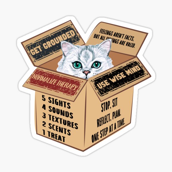 Item preview, Cat in a Box Collection. Wise Cat reminder: when feelings are overwhelming, get grounded, 54321 technique prompt designed and sold by Wise-Cats.