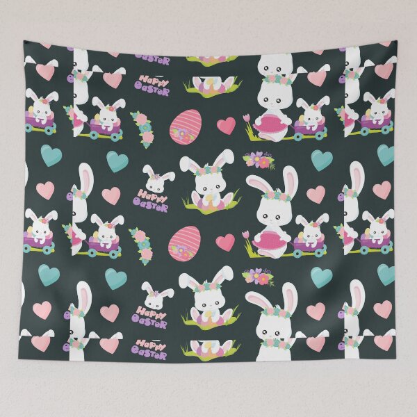 Item preview, Kawaii Happy Easter Bunny Rabbit Black Background Pattern designed and sold by ILLYL Creatives.