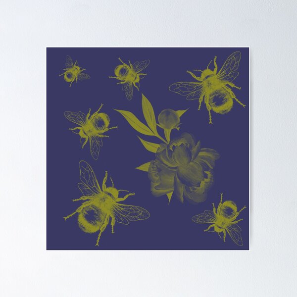 Floral Bumble Bee Print Blue & Yellow Poster