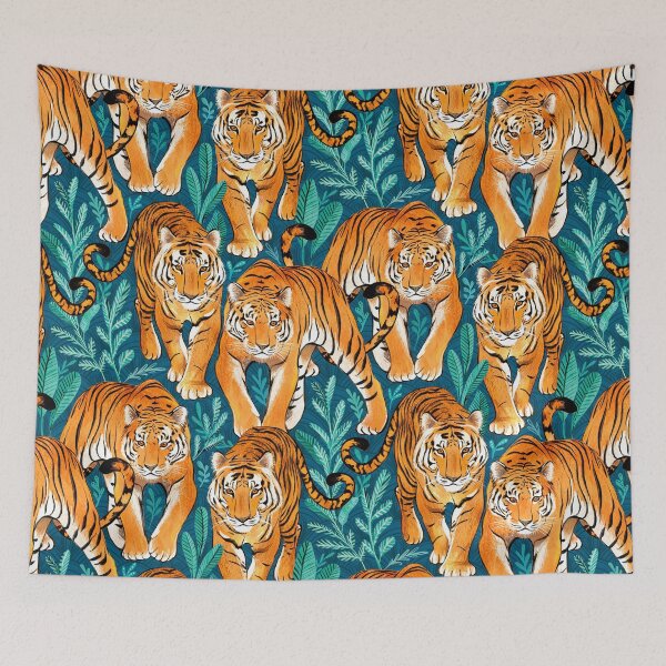 Aperçu de l'œuvre The Hunt - Traquer des tigres sur bleu sarcelle et vert créée et vendue par micklyn.