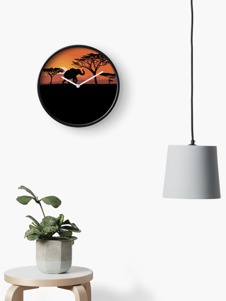 Thumbnail 2 of 4, Clock, Elephant silhouette with sunset designed and sold by Idyllio-nl.