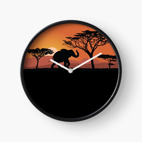 Elephant silhouette with sunset Clock
