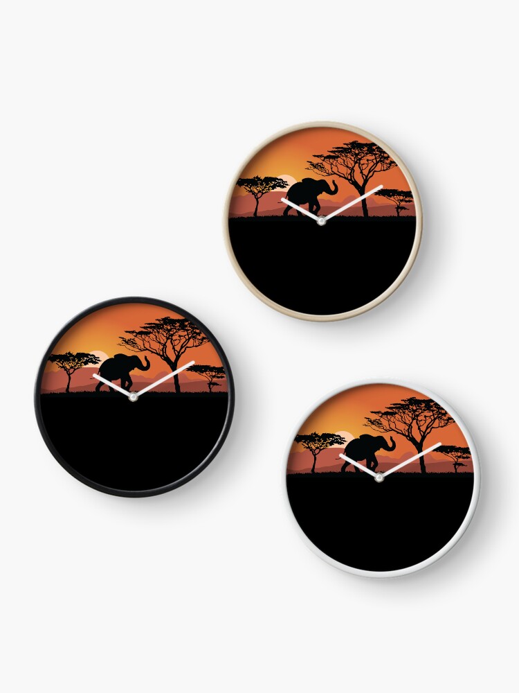 Thumbnail 3 of 4, Clock, Elephant silhouette with sunset designed and sold by Idyllio-nl.