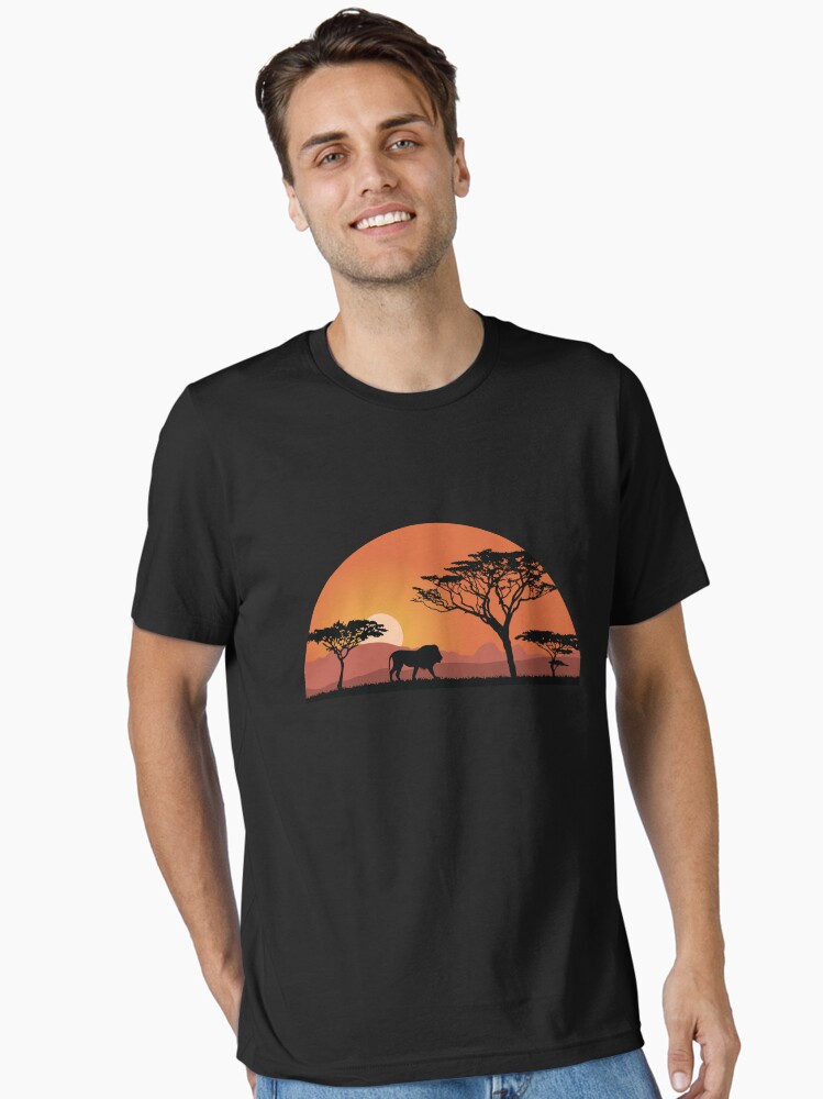 Thumbnail 2 of 7, Essential T-Shirt, Lion silhouette with sunset in safari setting designed and sold by Idyllio-nl.