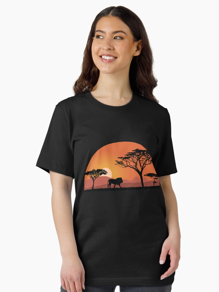 Thumbnail 1 of 7, Essential T-Shirt, Lion silhouette with sunset in safari setting designed and sold by Idyllio-nl.