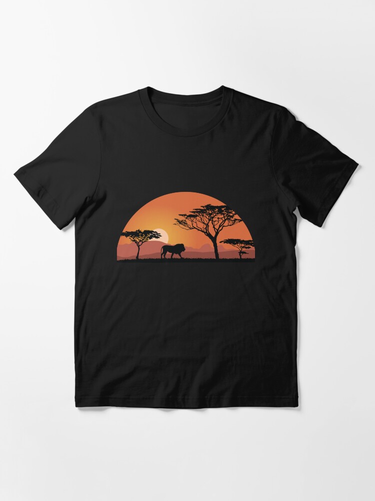 Thumbnail 3 of 7, Essential T-Shirt, Lion silhouette with sunset in safari setting designed and sold by Idyllio-nl.