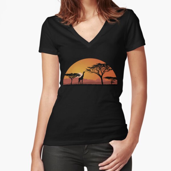 Giraffe silhouette with sunset in safari setting Fitted V-Neck T-Shirt