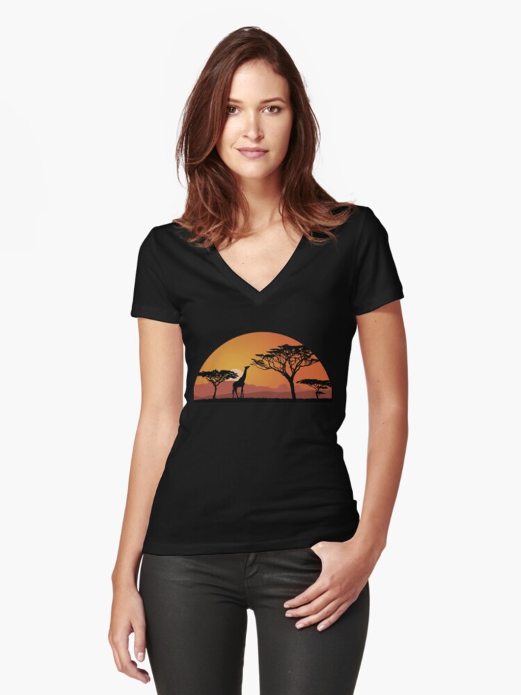 Thumbnail 1 of 3, Fitted V-Neck T-Shirt, Giraffe silhouette with sunset in safari setting designed and sold by Idyllio-nl.