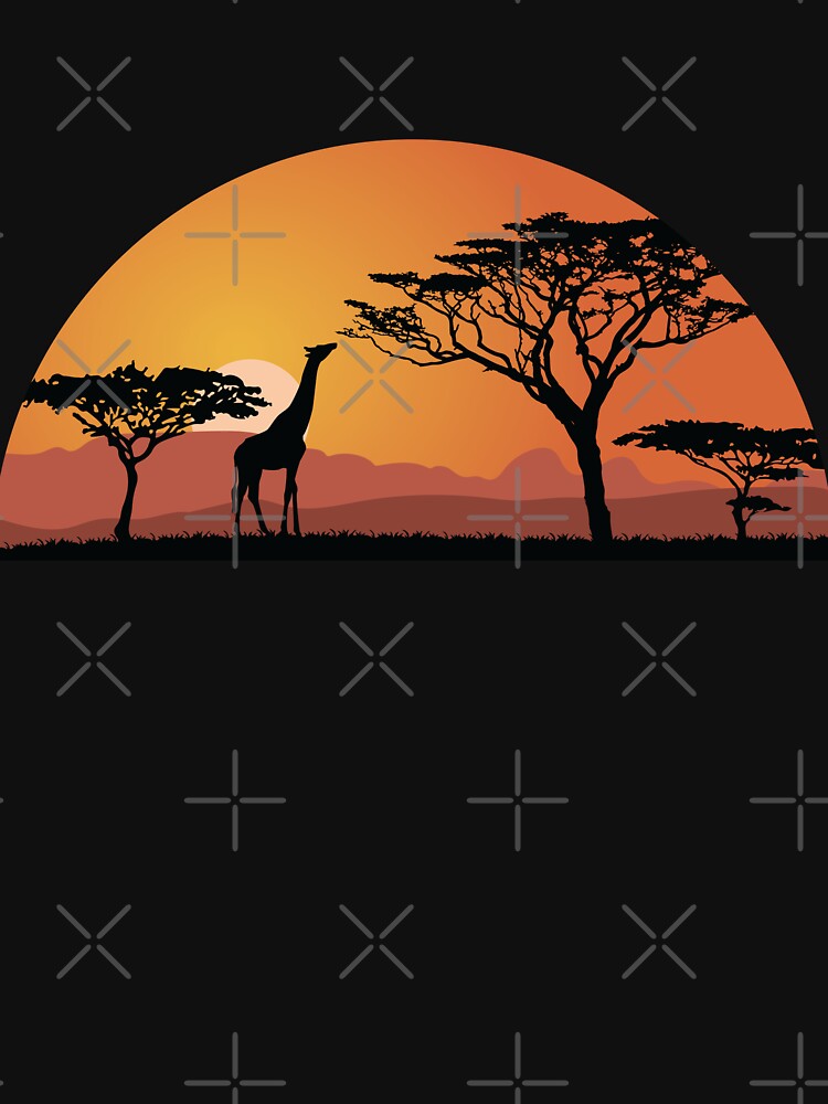 Thumbnail 3 of 3, Fitted V-Neck T-Shirt, Giraffe silhouette with sunset in safari setting designed and sold by Idyllio-nl.