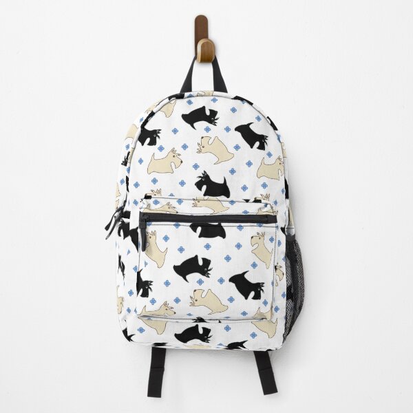 Item preview, Black and wheat Scottie dogs with blue flowers on a white background designed and sold by RiazanovaArt.