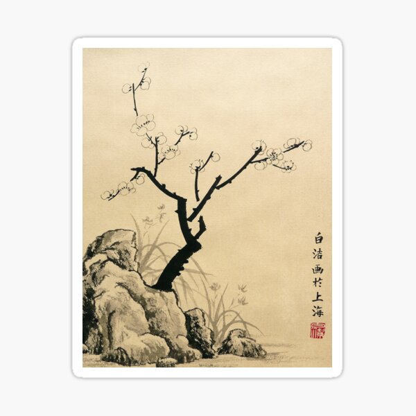 Plum Blossom With Stone And Iris - Ink Sticker