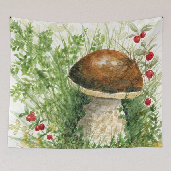 Item preview, Wild Mushroom Among Redberries Watercolor Painting designed and sold by AlicjaCurioseur.