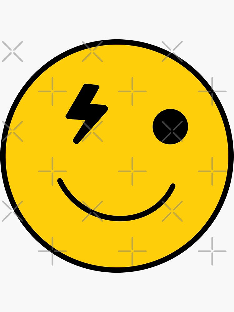"Smiley Face Lightning Bolt Eye Yellow Large" Sticker by wasteworld
