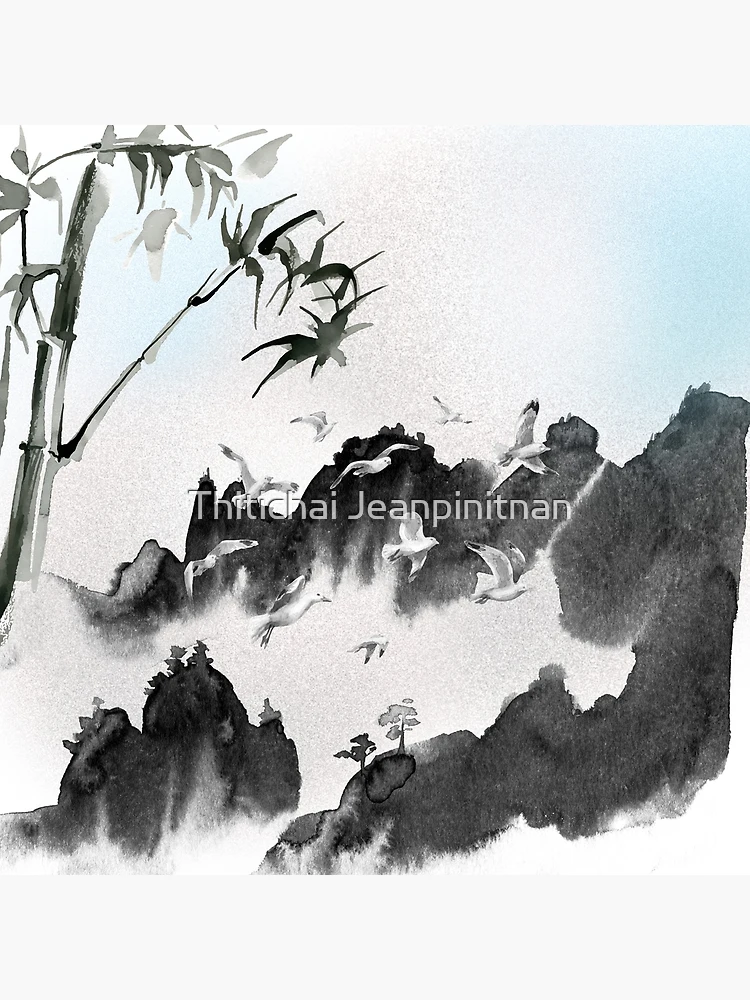 墨絵　Sumi-e a painting in black ＆white Forest River Black and White Ink Painting Landscape Handmade