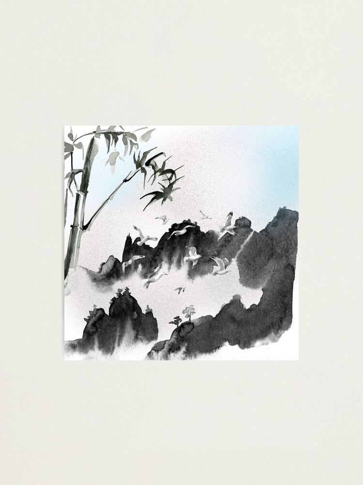 Landscape with misty forest mountains.Japanese art painting sumi-e