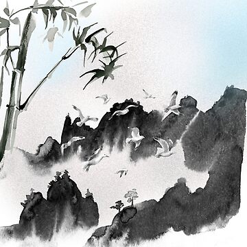 屏風　Sumi-e a painting in black ＆white 屏風 Sumi-e a painting in black ＆white Forest River Ink