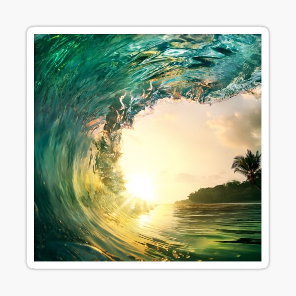 Sea waves crashing near sand beach, Swimming, Travel, Surfing, Sunset Sticker