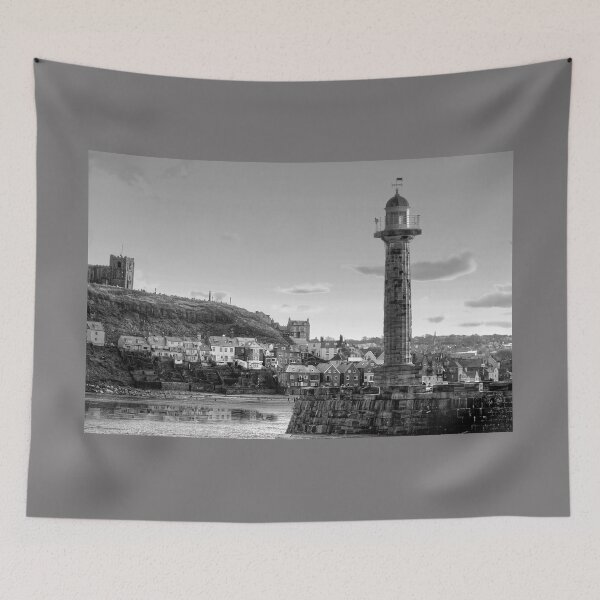 Item preview, Whitby Harbour Lighthouse B&W designed and sold by Alisonchambers2.
