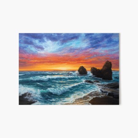Oil painting of beautiful golden sunset over ocean beach, Surfing, Swimming, Adventure Art Board Print