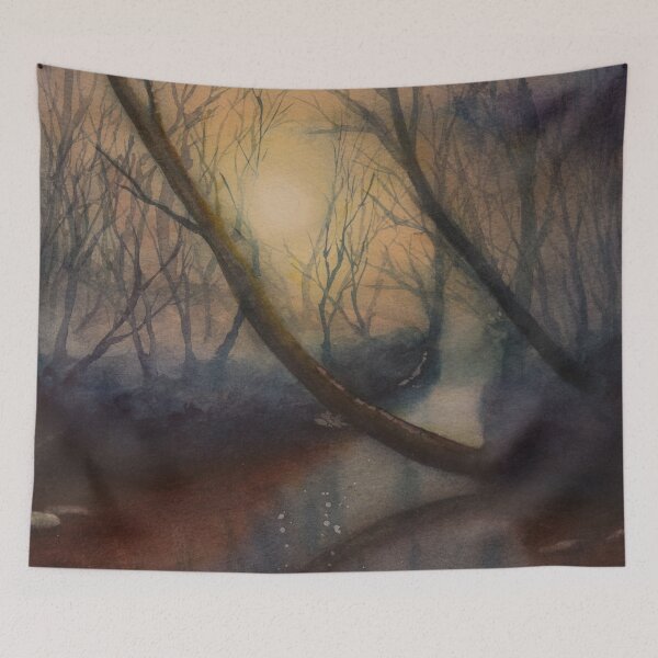 Item preview, Sunset shadows, a dream view of the sun setting and reflections of trees on the calm water of our small local river. Watercolour landscape -  designed and sold by Einar Aasen.