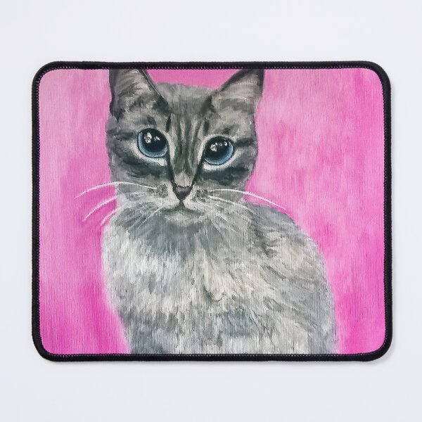 Item preview, Grey blue-eyed cat on pink background (acrylic painting) designed and sold by Alice-Moonbliss.