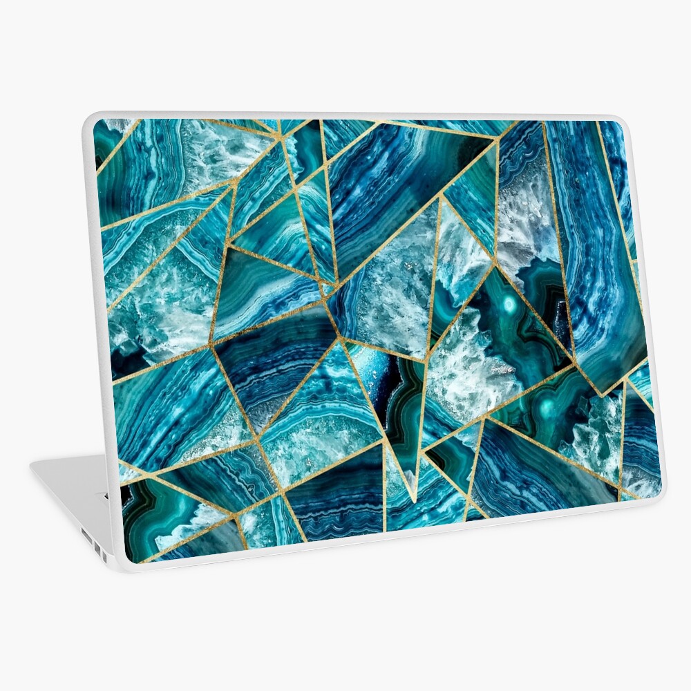 Turquoise Navy Blue Agate Black Gold Geometric Triangles Laptop Skin